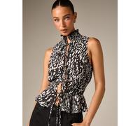 Blouse sans manches à col montant, taille smockée, en mousseline, avec détail de nœud devant et ourlet à volants imprimé animal abstrait, top pour soirée d'été L,M,S,XL,XS,XXL,XXS,XXXL,XXXXLgraphiqueT