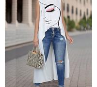 Blouse sans manches avec imprimé visage abstrait, ourlet avant court et arrière long, hauts sans manches pour femmes L,M,S,XL,XS,XXLPortraitTissu tissé
