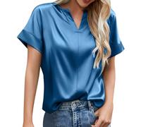 Blouse Satin Femme Chic Et élégant Soirée Chemise Femme Manches Courtes Col en V Ete Chemisier Femme Grande Taille Printemps Fashion Casual Cérémonie Tee Shirt Haut Top (Bleu, M)