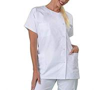 Blouse Tunique Médicale Femme Décontracté Grande Taille Chemisier Médicale Blouse De L-aboratoire Manches Courtes Col Rond Blouses Cuisine Blanche avec Poche (White, XXXXL)