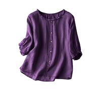 Blouses Femmes Brodée Col Rond Chemise Imprimé Fleuri T-Shirts Coton et Lin Manches 3/4 Décontracté avec Boutonné Chic Vintage Brodé Tops Manches Trois Quarts Hauts Lâche Respirant Chemisier