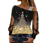 Blouses tuniques manches amples blouse à paillettes imprimé maille t-shirt épissure long femmes tops manches longues t-shirt blouse jaune femme, or, L