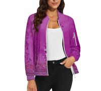 Blouson bomber décontracté à motif floral avec fermeture éclair - Manches longues - Col montant - Veste d'automne légère, 1D - Violet, XXL