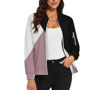 Blouson bomber décontracté à motif floral avec fermeture éclair - Manches longues - Col montant - Veste d'automne légère, 1A - Rose, XXL