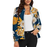 Blouson bomber décontracté à motif floral avec fermeture éclair - Manches longues - Col montant - Veste d'automne légère, 1G - Bleu marine, XL