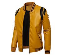 Blouson bomber en cuir pour homme - Veste de baseball pour homme - Coupe ajustée - Ultra confortable - Élégant - Fermeture éclair intégrale - Couleur contrastée - Patchwork, kaki, L