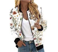 Blouson Bomber Femme Chic Et Elegant Décontracté Sport Manteau Mince Biker Moto Zipper Court Couleur Unie/Fleur Imprimer Veste Chic Veste Court Automne Hiver Outwear Manteau De Moto Jacket