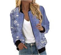 Blouson Bomber Femme Chic et Elegant Léger Printemps Automne Blouson Bombers Fleur Imprimé Décontracté Court Veste Vintage Zippé Mince Outwear Slim Fit avec Poches Sport Manteau (Blue, M)