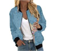 Blouson Bomber Femme Chic et Elegant Léger Printemps Automne Blouson Bombers Fleur Imprimé Décontracté Court Veste Vintage Zippé Mince Outwear Slim Fit avec Poches Sport Manteau (Light Blue, XL)
