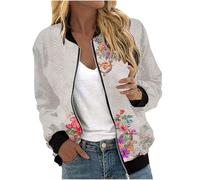 Blouson Bomber Femme Chic et Elegant Léger Printemps Automne Blouson Bombers Fleur Imprimé Décontracté Court Veste Vintage Zippé Mince Outwear Slim Fit avec Poches Sport Manteau (Silver, L)