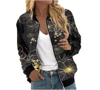 Blouson Bomber Femme Chic Et Elegant Légère Bomber Blouson Zippée Motard Blouson Fleur Imprimé Manteau Mince Biker Moto Printemps Été Outwear Col Montant Court Jacket Chic Veste De Mi-Saison