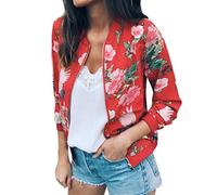 Blouson Bomber Femme Mode Manteau Mince Biker Moto Zipper Court Fleur Imprimer Veste Chic Printemps Automne (Rouge, XL)