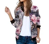 Blouson bomber pour femme sans capuche | Motif floral pour femme Manteau court léger Veste de pilote Veste courte pour femme Veste à manches longues Veste d'extérieur zippée Veste de mi-saison