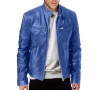 Blouson bomber pour homme en cuir synthétique noir - Veste d'hiver chaude en cuir avec fermeture éclair - Solide - Pour affaires militaires - Avec poche - Pour sports de plein air - Vintage, bleu ciel