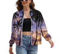 Blouson Bombers Femme Léger, Veste De Sport Casual Océan Horizon Chic Automne Printemps Avec Poches, Manteau Zippé Tropical Île Palmiers Imprimé Mode Femme XS