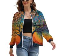 Blouson Bombers Femme Léger, Veste De Sport Casual Résumé Plantes Chic Automne Printemps Avec Poches, Manteau Zippé Arbre Vie Ciel Imprimé Mode Femme L