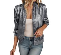 Blouson court pour femme Veste d'aviateur décontractée Manteau Coupe-Vent De Couleur Unie col baseball Fermeture clair intégrale et montant survêtement printemps