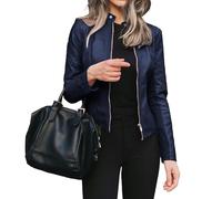 Blouson de moto aviateur en similicuir pour femme, fermeture éclair, avec poches, bleu marine, taille 4XL