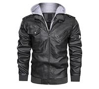 Blouson de moto bomber en similicuir PU pour homme avec fermeture éclair et col montant - Gris - Capuche - Coutures latérales - Grande taille - Ourlet droit décontracté, gris, XXXXXL