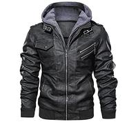 Blouson de moto bomber en similicuir PU pour homme avec fermeture éclair et col montant - Gris - Capuche - Coutures latérales - Grande taille - Ourlet droit décontracté, Noir , XXXXXL