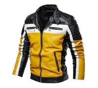 Blouson en cuir pour hommes - FUNMOON - Garder au chaud avec velours - Style moto - Jaune M