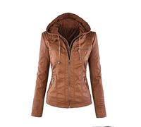 Blouson Faux Cuir - Manches Longues - Femme Fille Blousons en Simili Cuir Fermeture Éclair Motard Hooded Tops Manteau à Capuche Court Moto Veste Jacket (Brown,L)