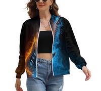 Blouson Femme Bombers Chic, Veste Légère Imprimé Thème Musical Manches Longues Avec Poches, Manteau Automne Col Montant Zippée Eau Feu Fumée Guitare Casual Outwear Jacket XS
