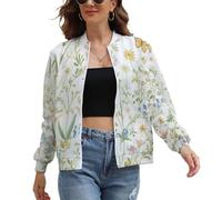 Blouson Femme Chic Léger, Veste de Sport Casual Baseball Avec Poches, Manches Longues Bomber Femme Printemps Automne Pastorale Plantes Fleurs Sauvages Herbe À Queue Renard Streetwear Vêtements