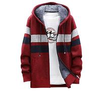 Blouson Homme Hiver Vintage Casual Veste Polaire Chaude et Epaisse Travail Cardigan Homme Long Capuche Rayee Hiver sous Pull Robe Sweat Rouge L