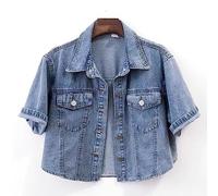 Blouson Jean Femme, Veste en Jean À Manches Courtes pour Femme Vintage Revers en Détresse Boutonné Manteau en Denim Court Été Mode Lavage Faded Jean Biker Manteau Tops pour Dames Filles,Bleu Cl