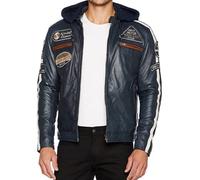 Blouson moto homme cuir Urban Leather ’58 HOMMES’ | Veste moto homologuée en cuir d’agneau | Protections homologuées CE amovibles pour le dos, les épaules et les coudes | Bleu | 48/4XL