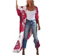 Blouson Rouge Hauts pour Femmes en Mousseline de Soie imprimé Long Cardigan Beach Kimono Loose Cover Up Châle Blouse
