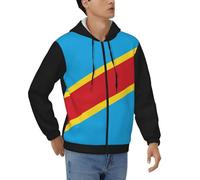 Blouson Sportif Homme Imprimé République Démocratique du Congo Drapeau Sweat Capuche Zippé Chaud Léger avec Poche Kangourou Veste Décontractée Manches Longues Coupe-Vent