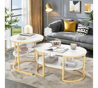 BLSYHDH Tables Basses Gigogne, Lot de 2 Table D'appoint avec Espace de Rangement en Métal Pieds Modernes avec Motif Blanc Marbre pour Salon Balcon et Bureau(Rondes, Doré)