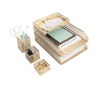 Blu Monaco Gold Desk Organizer Set for Women - 6-Piece Interlocking Office Supplies Set, Pen Cup, 3 Accessory Trays & 2 Letter Trays, Gold Paper Tray Holder