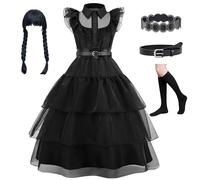 bluaqua Costume Wednesday robe wednesday fille Costume Wednesday enfant avec perruque, sac, chaussettes pour filles de 4 à 13 ans (noir+perruque, 150)