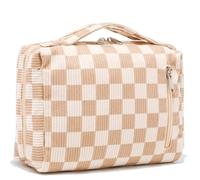 BLUBOON Trousse de maquillage portable à fermeture éclair pour femmes et filles, Grille marron et blanche, Trousse de maquillage