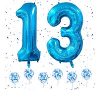 Blue 13Th Birthday Balloon, 40 Inch Foil Helium Number Balloons With 6 Blue Confetti Balloons For 13Th 31St Boys Girls Women Men Birthday Birthday Party Decoration