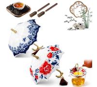 Blue and White Porcelain Umbrella Tea Infuser Set, Umbrella Tea Strainer, Ceramic Loose Leaf Filter with Rotating Drip Base for Kung Fu Tea Brewing Table Accessory, Well Crafted (A-Mix)