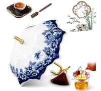 Blue and White Porcelain Umbrella Tea Infuser Set, Umbrella Tea Strainer, Ceramic Loose Leaf Filter with Rotating Drip Base for Kung Fu Tea Brewing Table Accessory, Well Crafted (A-2)
