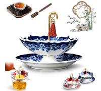 Blue and White Porcelain Umbrella Tea Infuser Set, Umbrella Tea Strainer, Ceramic Loose Leaf Filter with Rotating Drip Base for Kung Fu Tea Brewing Table Accessory, Well Crafted (B-1)
