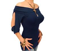 Blue Banana Haut Femme Épaules Dénudées et Manches Fendues - Bleu Marine Taille 46