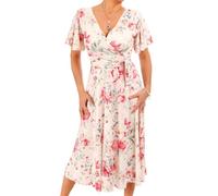 Blue Banana Robe Femme Imprimée Ajustée et Évasée Longueur Genou, Manches Courtes - Rose et Crème Floral Taille 44