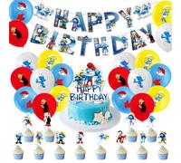 Blue banners Lot de 32 décorations d'anniversaire Schtroumpfs - Ballons de dessin animé - Kit de décoration d'anniversaire pour enfants, garçons et filles - Décoration de fête à thème Schtroumpfs
