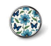 Blue Butterflies and Flowers Funny Round Lapel Pins Metal Button Brooch Badge Tie Hats Clothes Decoration for Men Women