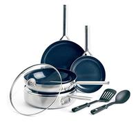 Blue Diamond Triple Steel Batterie de Cuisine en Acier Inoxydable 18/10 Revêtement Antiadhésif Céramique Renforcé avec des Diamants, 7 Pcs, Sans PFAS, Multicouche,Induction,Lave-Vaisselle,Four,Argenté