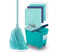 BLUE DOLPHIN - Balai à franges et seau avec roues + lot de 4 chiffons en microfibre 100% recyclée, ensemble de nettoyage domestique, durable, balai avec seau essoreur, nettoyage des sols, tous types d