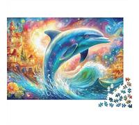 Blue Dolphin Over Wave près des châteaux Puzzle De 1000 Pièces Thème Dolphin Idéal pour Le Cadeau d'anniversaire Et De Vacances 70x50cm/1000pcs