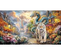 Blue-Dragon-and-White-Tiger-in-Clouds Puzzle pour Adultes 1000 pièces Papier recyclé Beau Puzzle de décoration Stimulant pour détente et décoration Murale Idée Cadeau Parfaite 38x52/1000 pièces