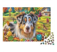 Blue-Eyed Dog Lies in Autumn Leaves Puzzles 1000 Pieces Picture Puzzles Pet for Adults Décoration Murale Tableau Décoratif 70x50cm/1000pcs